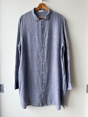 CP Shades 100% Linen Maxi Dress Blue Long Sleeve Button Front Made In USA Tunic